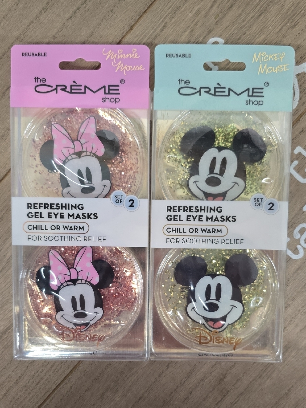 Disney Minnie & Mickey Glitter Gel Hot Or Cold Eye Masks Pink & Gold NWT